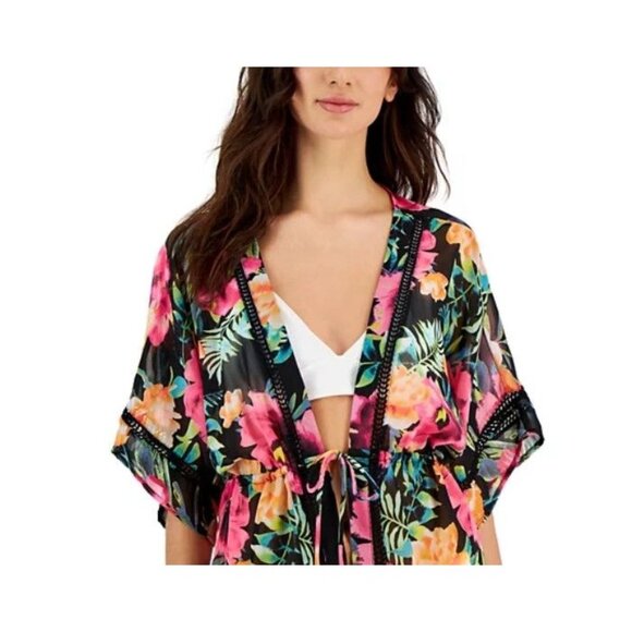 Miken Sm Swimwear Cover-up Ladder-Trim Drawstring-Waist Caftan Kimono Swimsuit - Picture 2 of 5